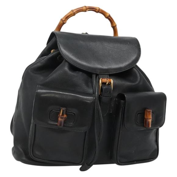GUCCI Bamboo Backpack Leather Black Gold 003 2058 0016 Auth 136184 - Picture 1 of 16